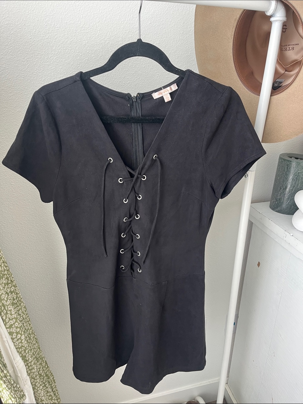 Skies Are Blue Suede Black Lace-Up Mini Dress